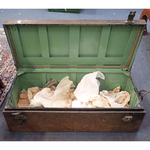 76 - A LARGE TIN TRUNK

100 cms long, 30 high, with a wooden tool box