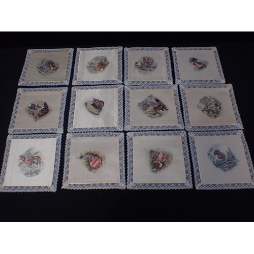 78 - AN EARLY 20TH CENTURY 'BEATRIX POTTER' PAINTED SATIN TABLE RUNNER

decorated with twelve vignettes o... 