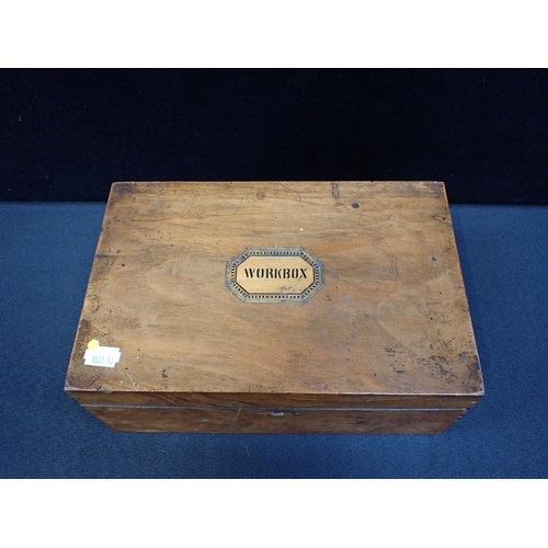 91 - A 19th CENTURY WALNUT WORKBOX

with parquetry top 'WORKBOX', and some contents, including a leather ... 