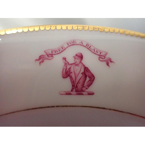 95 - A LATE 19th CENTURY BONE CHINA PART DINNER SERVICE WITH ARMORIAL

the crest showing a huntsman with ... 