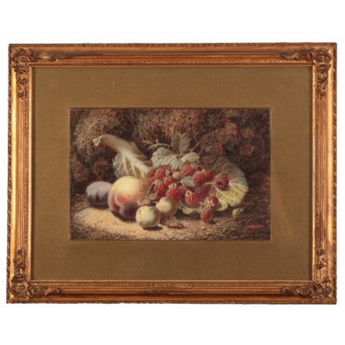 101 - OLIVER CLARE (1853-1927) A pair of still life studies of fruits in naturalistic woodland settings

b... 