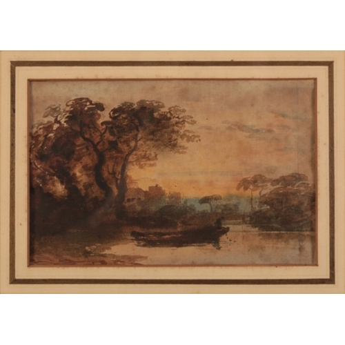 128 - ATTRIBUTED TO JOHN VARLEY (1778-1842) Tranquil river scene with a figure fishing from a boat

waterc... 