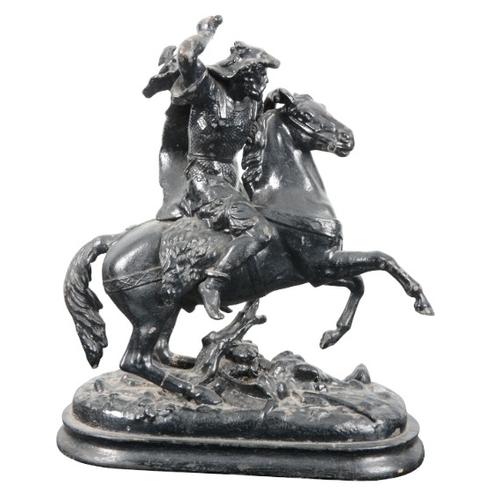 158 - CONTINENTAL SCHOOL, 20TH CENTURY A black painted spelter figure of horse and rider

the figure model... 