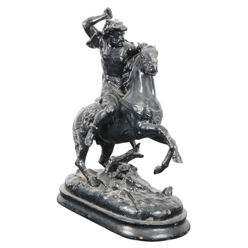 158 - CONTINENTAL SCHOOL, 20TH CENTURY A black painted spelter figure of horse and rider

the figure model... 