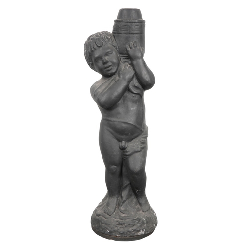 160 - A PAIR OF BLACK PAINTED COMPOSITE CHERUBS

20th century, each figured holding a drilled torchère, on... 