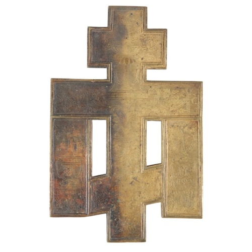 162 - A RUSSIAN BRASS AND ENAMEL ICON

19th/20th century, figured with Christ crucified against a blue and... 