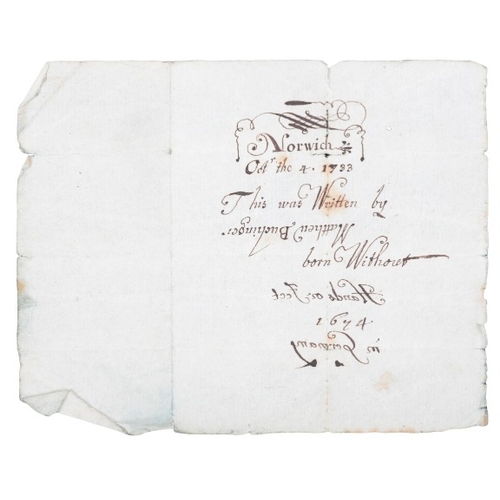 181 - MATTHIAS (MATTHEW) BUCHINGER (1674-1740) A HANDWRITTEN NOTE

worded 'Norwich/Oct the 4. 1733/This wa... 