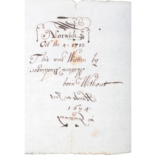 181 - MATTHIAS (MATTHEW) BUCHINGER (1674-1740) A HANDWRITTEN NOTE

worded 'Norwich/Oct the 4. 1733/This wa... 