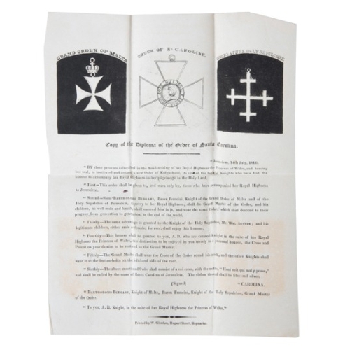 182 - 'COPY OF THE DIPLOMA OF THE ORDER OF SANTA CAROLINA'

an intriguing printed paper document, dated Je... 