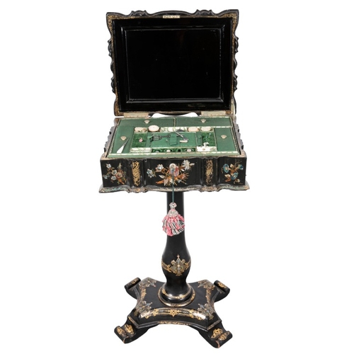 192 - A VICTORIAN PAPIER MACHE WORK BOX

the hinged lid inlaid with shell and decorated with flowers and v... 