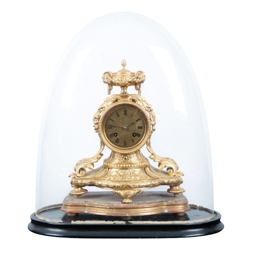 206 - A FRENCH GILT METAL MANTEL CLOCK

the two train movement striking on a bell, the back plate and reve... 