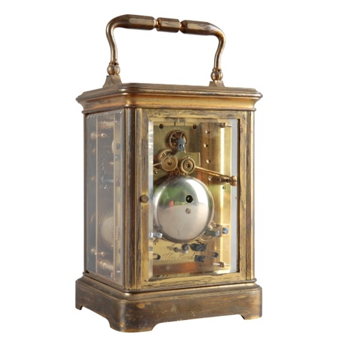 209 - A FRENCH BRASS REPEATING CARRIAGE CLOCK BY DUMAS

19th century, signed 'A. Dumas 828' to the back pl... 