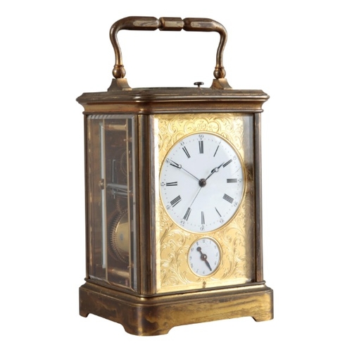 209 - A FRENCH BRASS REPEATING CARRIAGE CLOCK BY DUMAS

19th century, signed 'A. Dumas 828' to the back pl... 