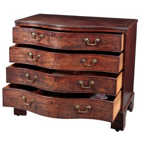 212 - A GEORGE III MAHOGANY SERPENTINE CHEST OF DRAWERS

with four graduated drawers on shaped bracket fee... 