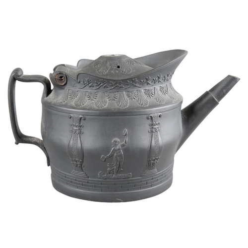 22 - A HANLEY OR STOKE 'BLACK BASALT' POTTERY TEAPOT

early 19th century, of Classical Revival style, the... 