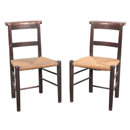 232 - A SET OF TEN BEECH SIDE CHAIRS

19th century, with square back splats over rush seats, on turned leg... 