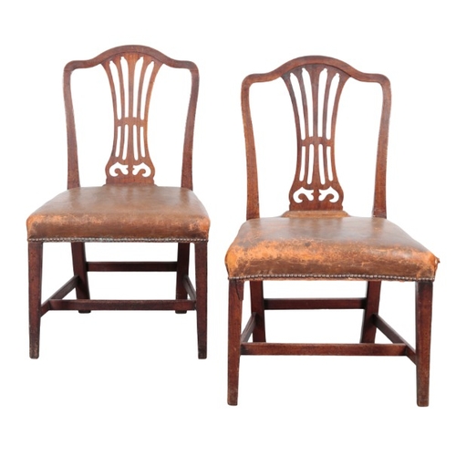 250 - A PAIR OF GEORGE III MAHOGANY SIDE CHAIRS

with shaped cresting rails over a pierced back splat, the... 