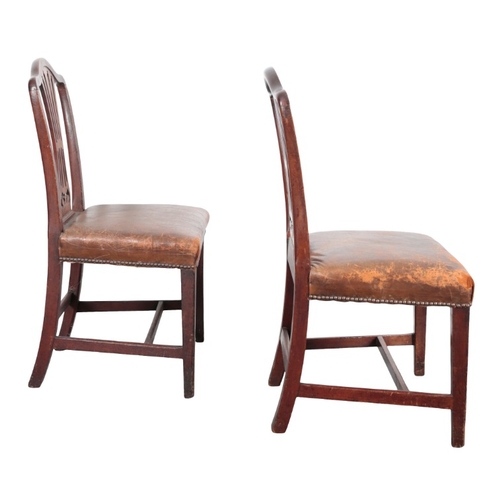 250 - A PAIR OF GEORGE III MAHOGANY SIDE CHAIRS

with shaped cresting rails over a pierced back splat, the... 