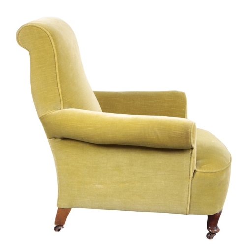 263 - A HOWARD STYLE MAHOGANY ARMCHAIR

early 20th century, with green velvet covers, on short cabriole fr... 