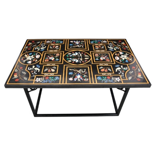 269 - A PIETRA DURA MARBLE COFFEE TABLE

the rectangular top inlaid with panels of birds amongst foliage, ... 