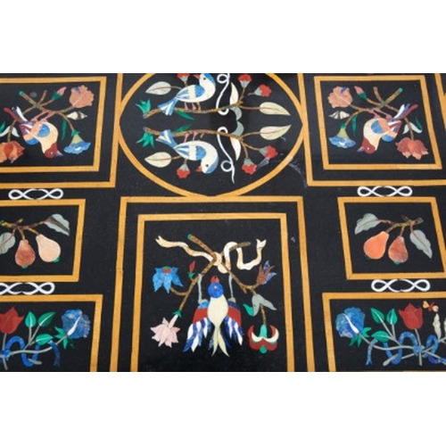 269 - A PIETRA DURA MARBLE COFFEE TABLE

the rectangular top inlaid with panels of birds amongst foliage, ... 