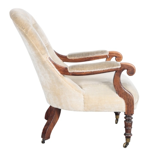 273 - A VICTORIAN GRAINED WOOD OPEN ARMCHAIR

with button back velvet covers, on turned front legs and out... 