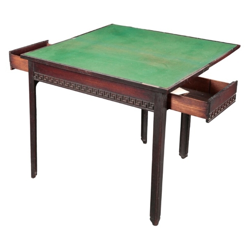 287 - A LATE GEORGE III MAHOGANY CARD TABLE

the hinged lid opening to a baize lined playing surface, the ... 