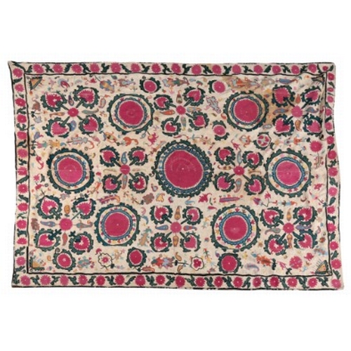 322 - AN ANTIQUE UZBEK SUZANI

19th century, the appliqué woven in colours with palmettes and leaves on a ... 