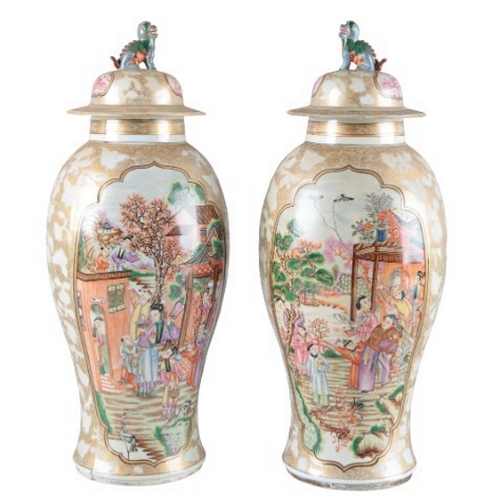 5 - A PAIR OF CONTINENTAL PORCELAIN FAMILLE ROSE BALUSTER VASES AND COVERS

19th/20th century, decorated... 