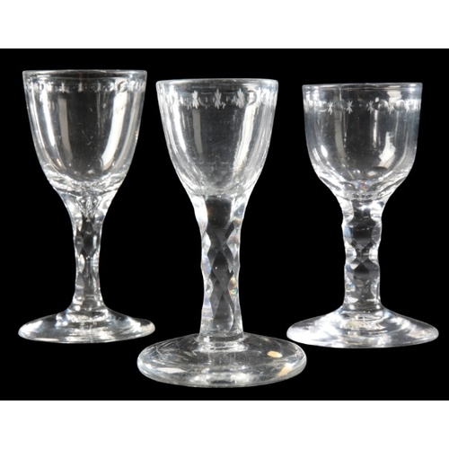 56 - A COLLECTION OF FACETED STEM GLASSES

c. 1780 and later, two with firing feet over rounded funnel bo... 