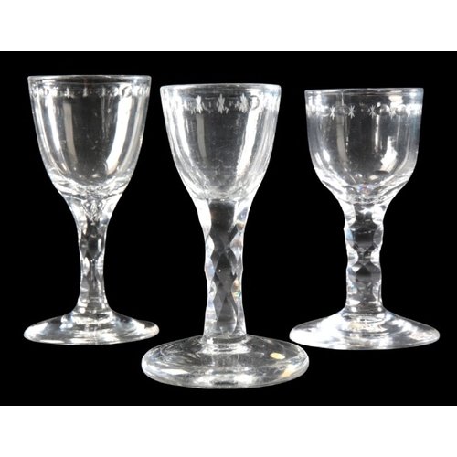 56 - A COLLECTION OF FACETED STEM GLASSES

c. 1780 and later, two with firing feet over rounded funnel bo... 