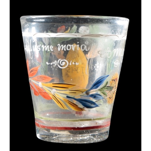 59 - AN ENGRAVED GLASS TUMBLER

18th/19th century, with decorated rim, initials to front and flowered rev... 