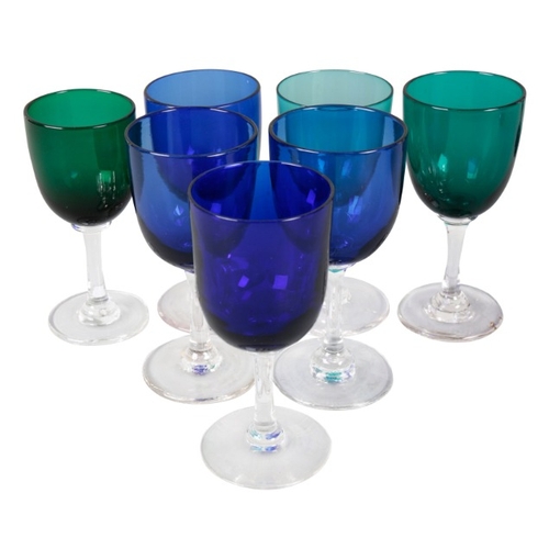 73 - A COLLECTION OF VICTORIAN WINE GLASSES

19th century and later, blue bowls and clear stems, with thr... 