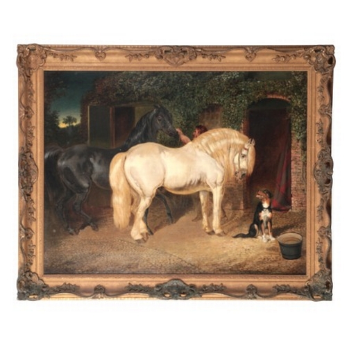 98 - ANSON A. MARTIN (c.1830-c.1870) Grey and black horses in a stable yard with a dog and groom

signed ... 