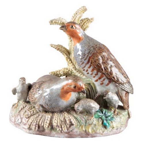 244 - A MEISSEN GREY PARTRIDGE FIGURE GROUP

of a cock and hen with chicks nestled in ears of wheat, 18cm ... 