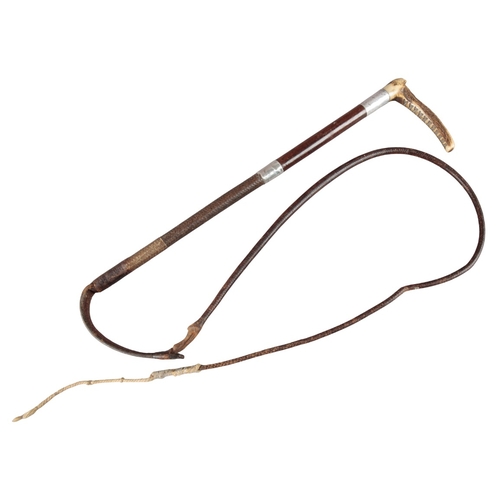 A GENTLEMAN'S RIDING CROP with antler handle, two hallmarked silver ...