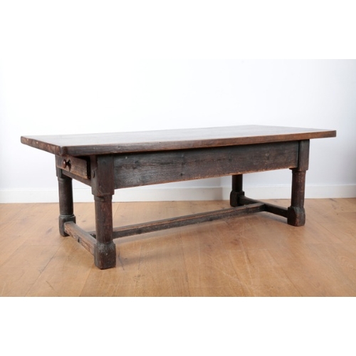 191 - AN OAK AND PINE LOW REFECTORY TABLE

19th century and later, with four panel top, fitted single draw... 