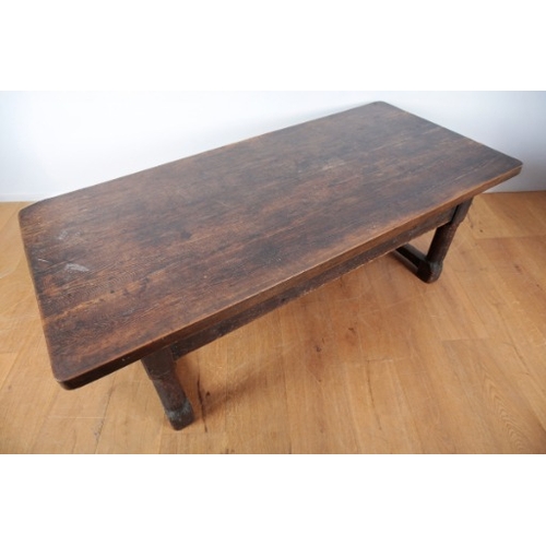 191 - AN OAK AND PINE LOW REFECTORY TABLE

19th century and later, with four panel top, fitted single draw... 