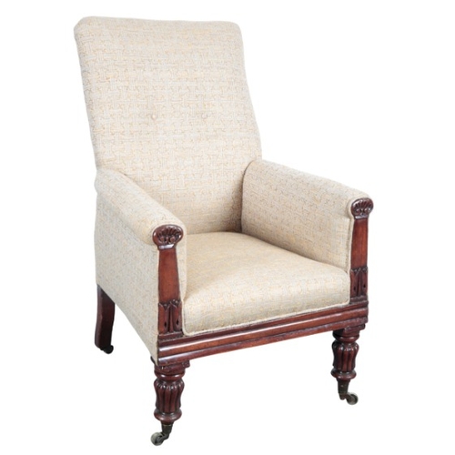 195 - A REGENCY MAHOGANY ARMCHAIR

the tall button back over a square seat, the outswept arms carved to th... 