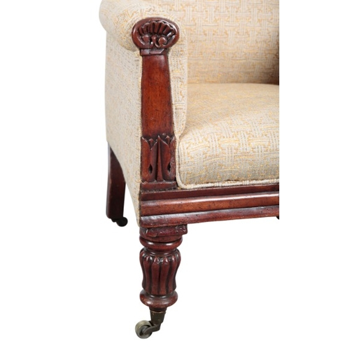 195 - A REGENCY MAHOGANY ARMCHAIR

the tall button back over a square seat, the outswept arms carved to th... 