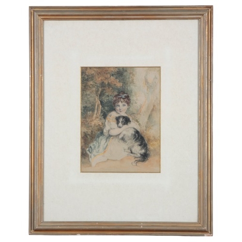 204 - 19TH CENTURY SCHOOL A girl cuddling her spaniel within a forest glade

watercolour on paper, 22.5cm ... 