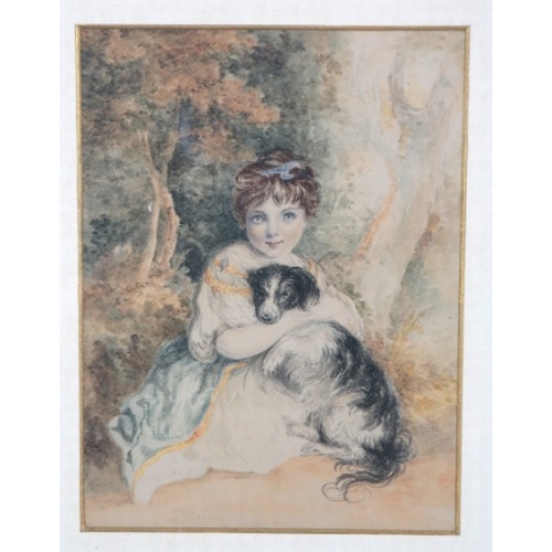 204 - 19TH CENTURY SCHOOL A girl cuddling her spaniel within a forest glade

watercolour on paper, 22.5cm ... 