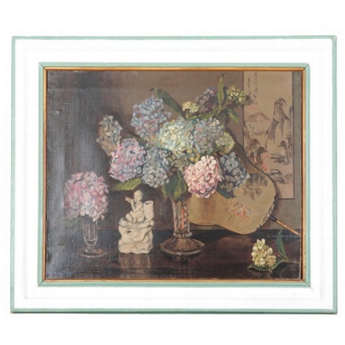 211 - WILLIAM TURNER A vase of hydrangeas with blanc de chine figure, fan and scroll

signed to the bottom... 