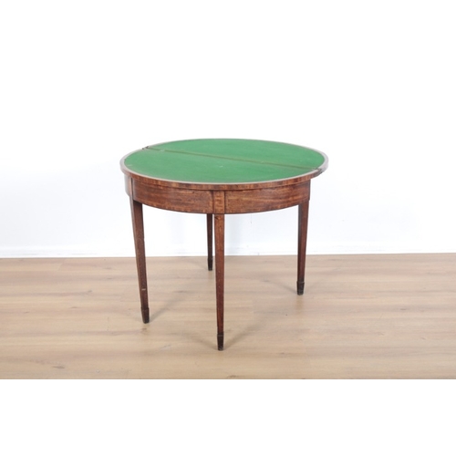 4 - A GEORGE III MAHOGANY SEMI-CIRCULAR CARD TABLE

with crossbanded top on square tapering legs, 75cm h... 