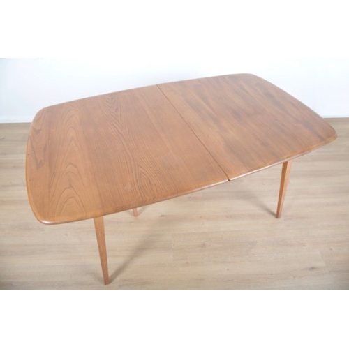 49 - ERCOL, MODEL NO. 444: AN ELM AND BEECH EXTENDING 'GRAND PLANK' TABLE

mid-century modern, with splay... 