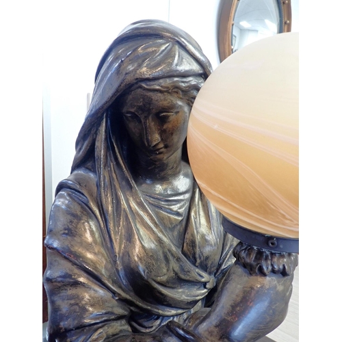 193 - A PATINATED PLASTER CLASSICAL STYLE FIGURAL LIGHT

the draped female holding a marbled glass globe, ... 