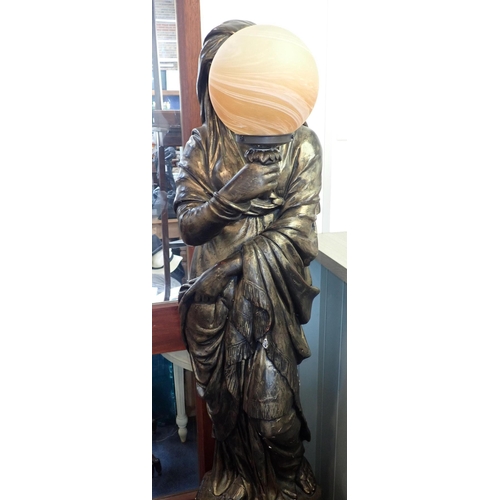 193 - A PATINATED PLASTER CLASSICAL STYLE FIGURAL LIGHT

the draped female holding a marbled glass globe, ... 