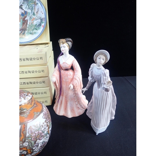 35 - TWO COALPORT LADY FIGURINES

(both with stress cracks), with four painted and gilt satsuma jars, six... 