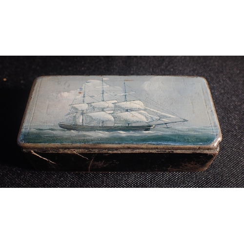 AN EARLY 19th CENTURY SNUFF BOX, PAINTED WITH A SAILING SHIP papier ...
