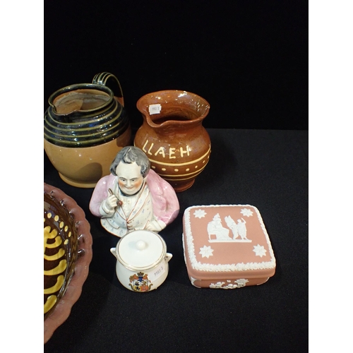 50 - A WELSH EWENNY CLAYPITS POTTERY SLIPWARE MILK JUG

a slipware dish, a Wedgwood pink jasper trinket b... 